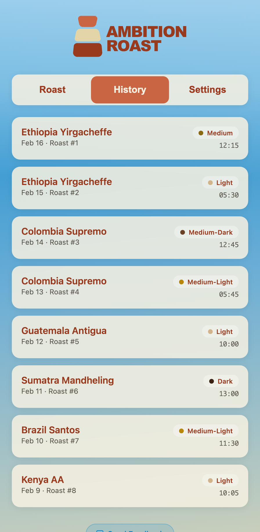 Roast history showing past roasts with coffee names, roast levels, and times