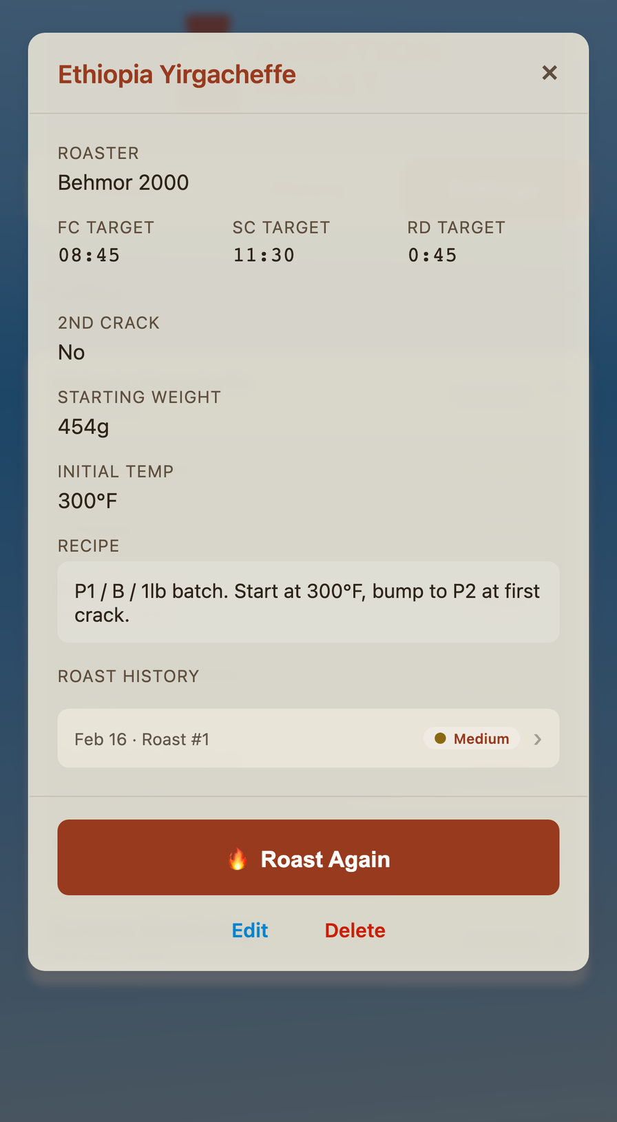 Coffee profile showing roaster, target times, starting weight, recipe, and roast history
