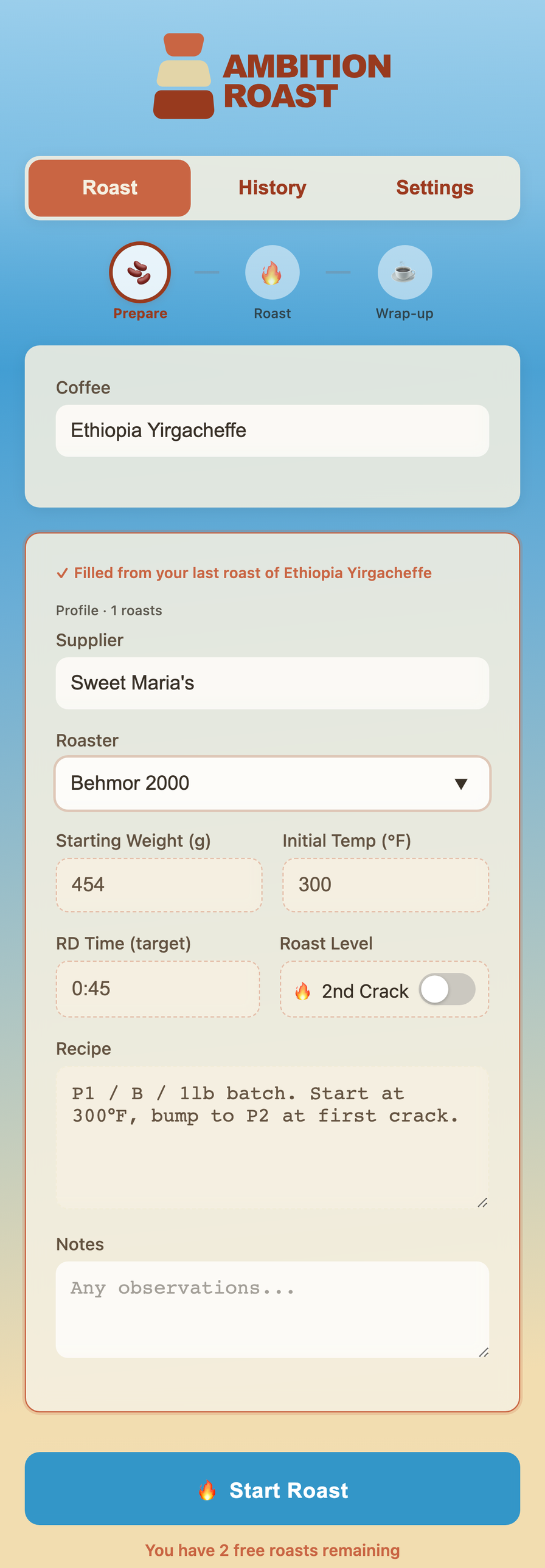 Ambition Roast prepare phase showing coffee details form with three-phase stepper