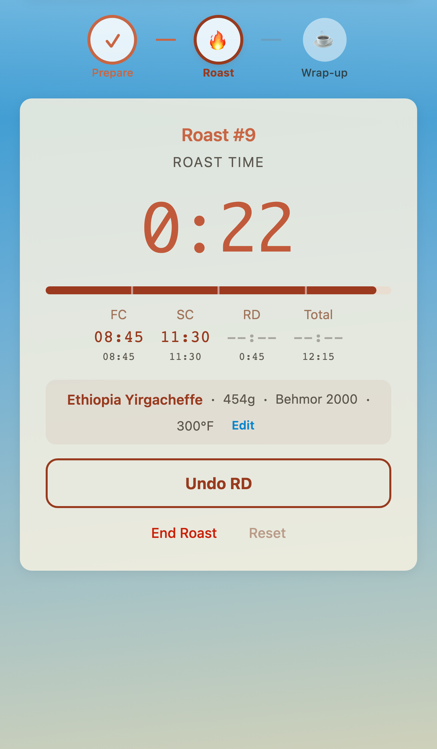 RD countdown timer with progress bar showing roast development phase