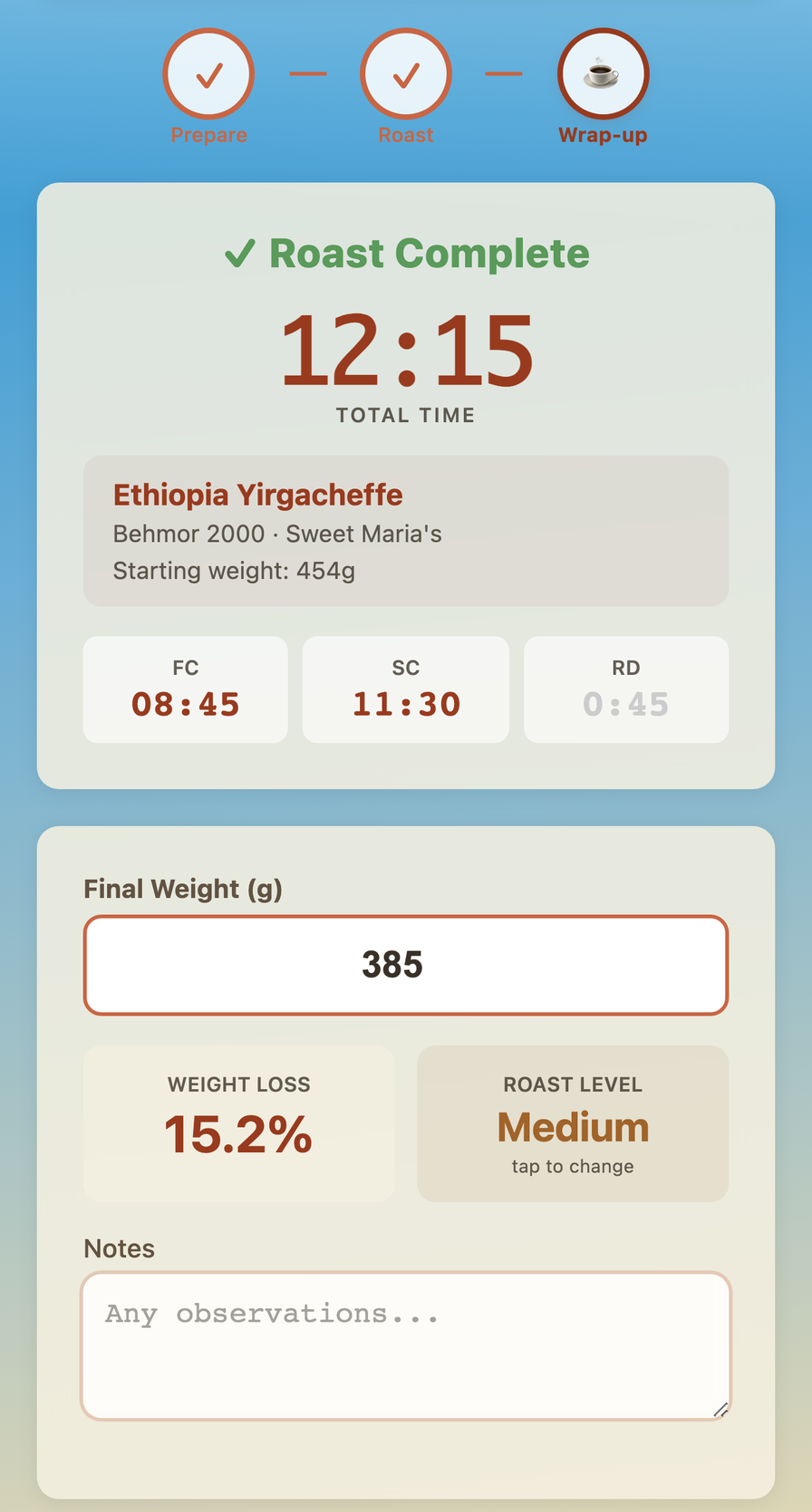 Wrap-up phase showing roast results with weight loss and roast level